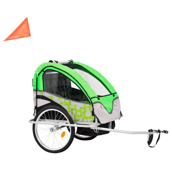 Remorcă de bicicletă & Cărucior copii 2-în-1, verde și gri