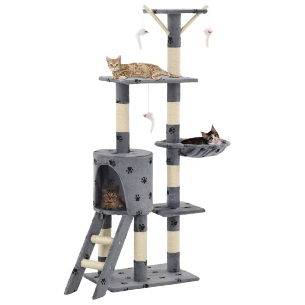 Ansamblu pisici stâlpi funie sisal, 138 cm imprimeu lăbuțe, gri