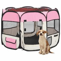 Țarc joacă pliabil câini cu sac de transport roz 90x90x58 cm
