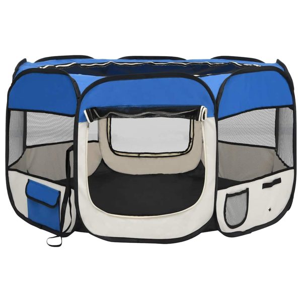 Țarc joacă pliabil câini cu sac de transport albastru 110x110x58 cm