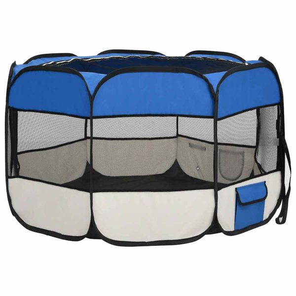 Țarc joacă pliabil câini cu sac de transport albastru 110x110x58 cm