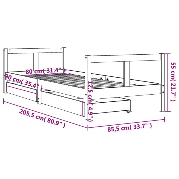 Cadru pat copii cu sertare, negru, 80x200 cm, lemn masiv de pin