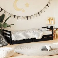 Cadru de pat copii cu sertare, negru, 90x190 cm, lemn masiv pin