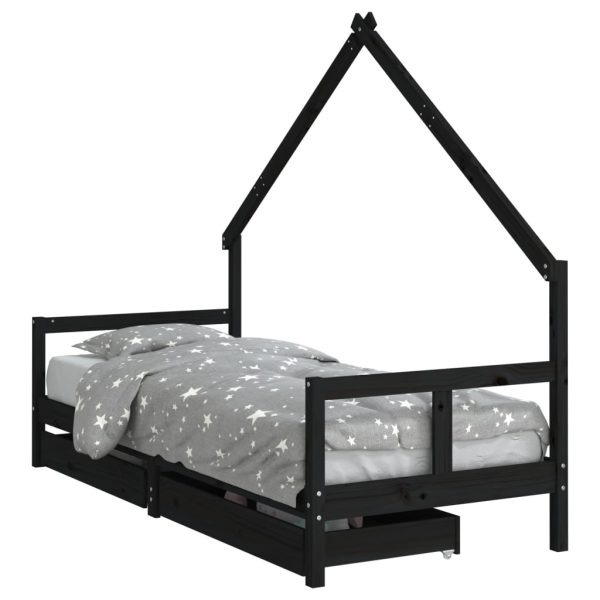 Cadru pat copii cu sertare, negru, 80x200 cm, lemn masiv de pin