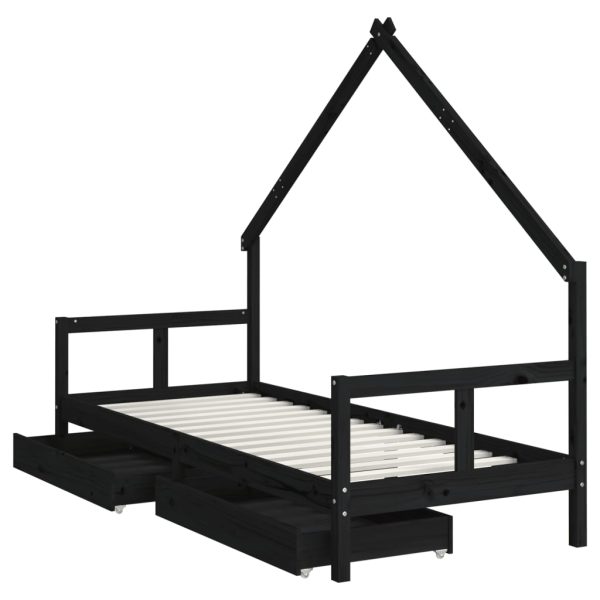 Cadru pat copii cu sertare, negru, 80x200 cm, lemn masiv de pin