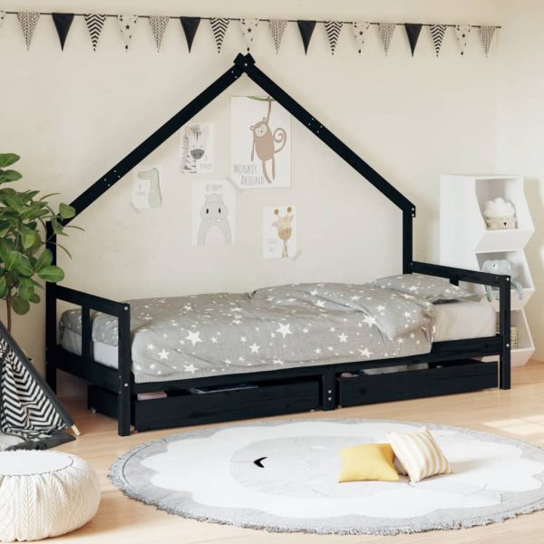 Cadru pat copii cu sertare, negru, 80x200 cm, lemn masiv de pin