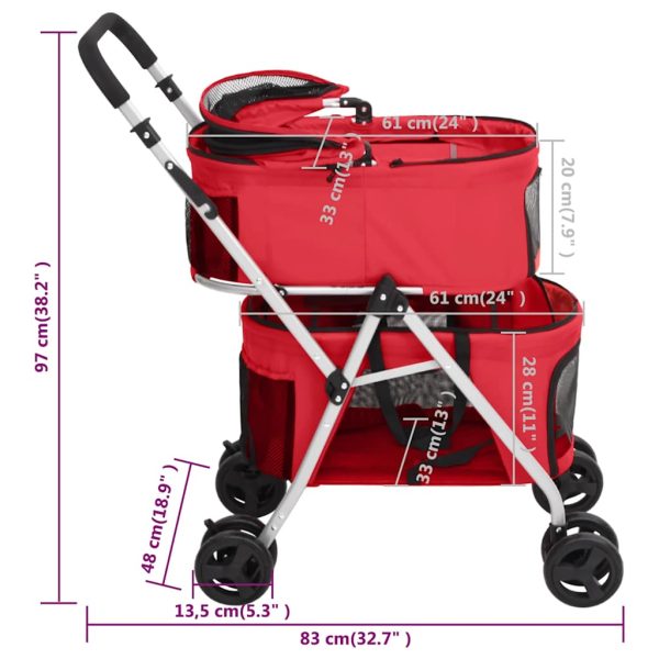 Cărucior pliabil câini 2 niveluri roșu 83x48x97cm textil Oxford