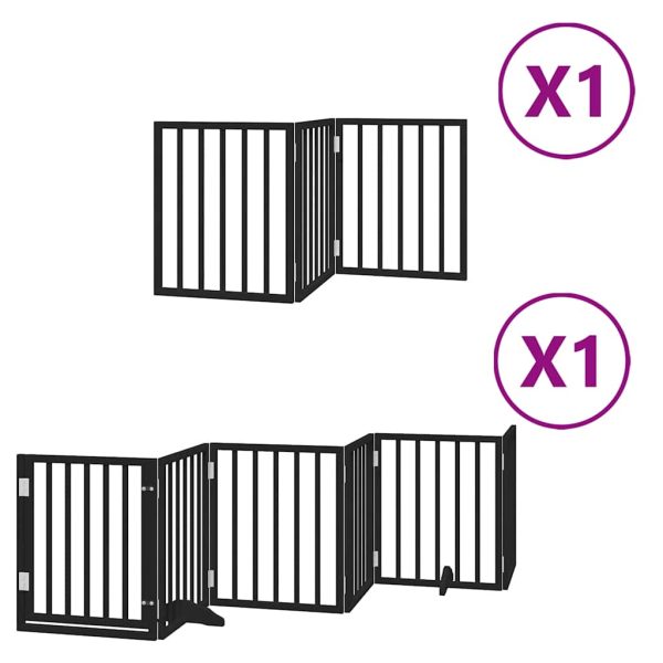Poartă câini pliabilă cu ușă 9 panouri negru, 450 cm, lemn plop