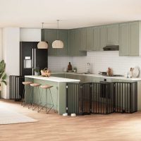 Poartă câini pliabilă cu ușă 15 panouri negru 750 cm, lemn plop