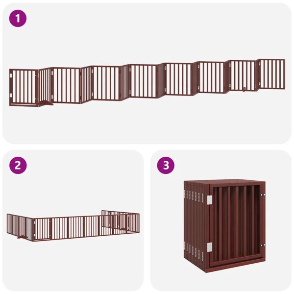Poartă câini pliabilă cu ușă 15 panouri maro 750 cm, lemn plop