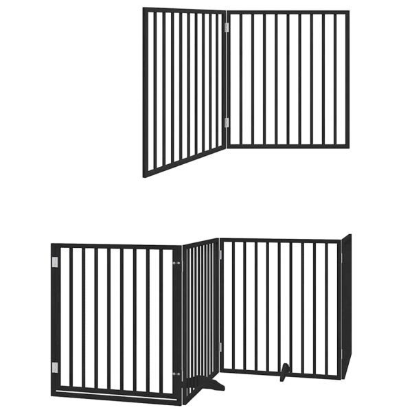 Poartă câini pliabilă cu ușă 6 panouri negru, 480 cm, lemn plop