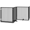 Poartă câini pliabilă cu ușă 6 panouri negru, 480 cm, lemn plop