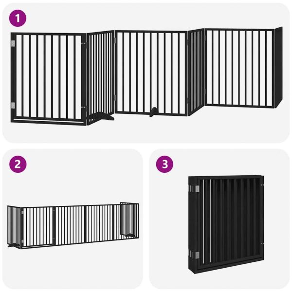 Poartă câini pliabilă cu ușă 6 panouri negru, 480 cm, lemn plop