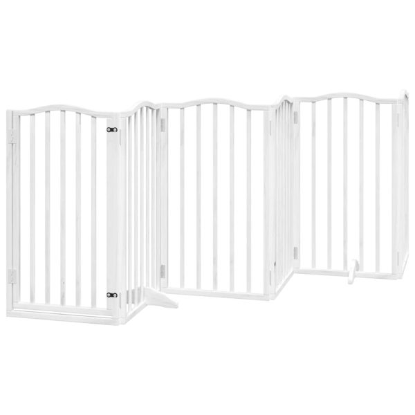 Poartă câini pliabilă cu ușă, 9 panouri, alb, 450 cm, lemn plop