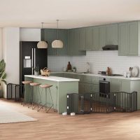 Poartă câini pliabilă cu ușă 12 panouri negru 600 cm, lemn plop