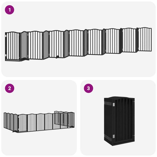 Poartă câini pliabilă cu ușă 15 panouri negru 750 cm, lemn plop
