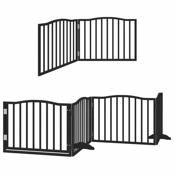Poartă câini pliabilă cu ușă 8 panouri negru 640 cm, lemn plop