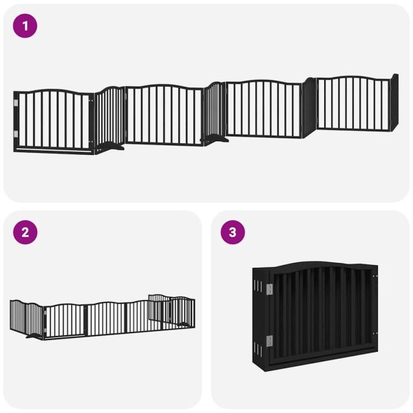 Poartă câini pliabilă cu ușă 8 panouri negru 640 cm, lemn plop