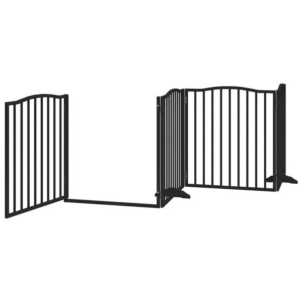 Poartă câini pliabilă cu ușă 6 panouri negru, 480 cm, lemn plop