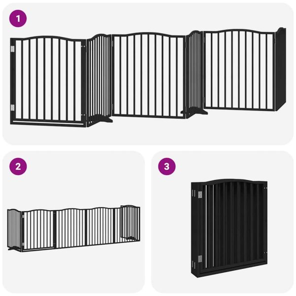 Poartă câini pliabilă cu ușă 6 panouri negru, 480 cm, lemn plop