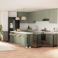 Poartă câini pliabilă cu ușă 10 panouri negru 800 cm, lemn plop