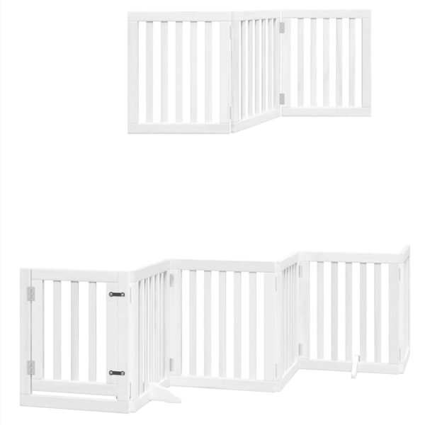 Poartă câini pliabilă cu ușă 15 panouri, alb, 750 cm, lemn plop