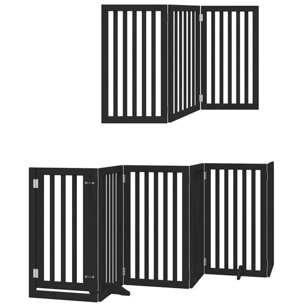 Poartă câini pliabilă cu ușă 12 panouri negru 600 cm, lemn plop