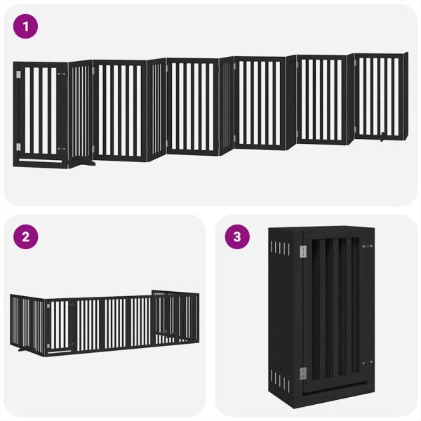 Poartă câini pliabilă cu ușă 12 panouri negru 600 cm, lemn plop