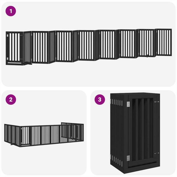 Poartă câini pliabilă cu ușă 15 panouri negru 750 cm, lemn plop