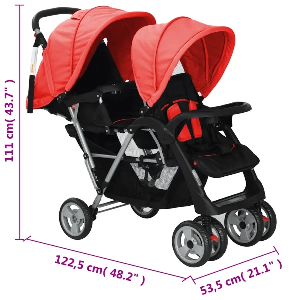 vidaXL Cărucior în tandem din oțel, roșu și negru